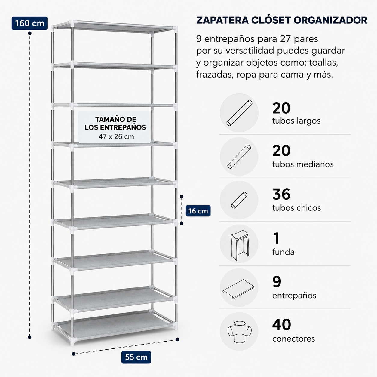 Dimensiones y componentes del Organizador Vertical